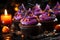 A close up of a cupcake with purple frosting. Generative AI image. Spooky Halloween dessert.