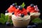 a close up of cupcakes with blueberries and leaves
