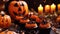 Close-Up Of Cupcakes And Pumpkin On Table During Halloween Celebration.