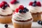 A close up of cupcakes with white frosting and berries. AI generative image.