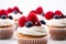 A close up of cupcakes with white frosting and berries on top. AI generative image.