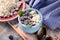 Close-up curd sweet dessert with fresh blueberries in blue deep bowl. Healty breakfast