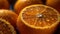 Close-up of cut juicy oranges with glistening water drops. AI-generated.