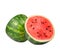 Close-up of a cut ripe watermelon isolated on a white background. Refreshingly sweet berry with small black seeds on the surface.