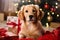 Close up cute adorable purebred curious fluffy Golden Retriever Labrador puppy family pet dog doggy exploring New Year