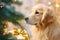 Close up cute adorable purebred curious fluffy Golden Retriever Labrador puppy family pet dog doggy exploring New Year