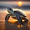 Close-up cute baby turtle on the beach at sunset