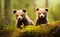 Close-up of cute brown bear cubs in the forest