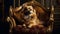 Close up of a cute brown golden pomeranian dog sit and pose on the chair and look at the camera, elegant photo shot