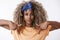 Close-up cute and lovely blond african-american stylish, hipster woman, afro hair, look hopeful and sincere with tender
