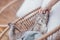 Close-up of the cute muzzle of a gray striped cat in a cozy wicker basket at home