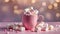 Close-up of cute pink cup filled with marshmallows. Sweet and tasty drink. Pink backdrop