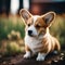 Close up of cute puppy dog welsh corgi sitting on ground