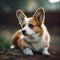 Close up of cute puppy dog welsh corgi sitting on ground