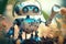 close-up of cute robot's hands, tending to garden with watering can and pruning shears