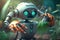 close-up of cute robot's hands, tending to garden with watering can and pruning shears