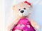 Close up cute teddy bear Is a morale that girls like very much. White background