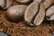 close-up cutout picture harmony of piled coffee beans roast dark brown colour textured and ground coffee backgrounds