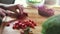 Close-up of cutting raspberries