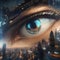 Close-up of a cyborgs eye, showing reflections of a futuristic cityscape and digital data streams4