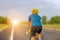 Close up of Cyclist man with clipping path over blurred morning