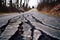 close-up of damaged road with bicycle tire marks