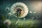 Close up of dandelion plant blowing in wind. Blurred spring nature background, Generative AI
