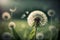 Close up of dandelion plant blowing in wind. Blurred spring nature background, Generative AI