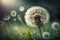 Close up of dandelion plant blowing in wind. Blurred spring nature background, Generative AI