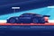 A close up of a dark blue sports car flying around a sharp corner on a dirt racing track. Speed drive concept. AI