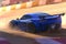 A close up of a dark blue sports car flying around a sharp corner on a dirt racing track. Speed drive concept. AI