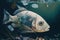 close-up of dead fish floating in river, surrounded by plastic bags and other debris It's stark reminder of the