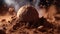 A close-up of a decadent chocolate truffle being delicately coated in a smooth layer of cocoa powder. The fine details and