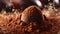 A close-up of a decadent chocolate truffle being delicately coated in a smooth layer of cocoa powder. The fine details and