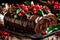 A close-up of a decadent Yule log cake covered in rich chocolate ganache and adorned with edible holly and berries