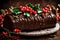 A close-up of a decadent Yule log cake covered in rich chocolate ganache and adorned with edible holly and berries