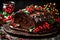 A close-up of a decadent Yule log cake covered in rich chocolate ganache and adorned with edible holly and berries