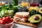 close-up of deconstructed sandwich ingredients, including fresh produce, meat, and condiments