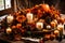 A close-up of a decorative fall-themed centerpiece with candles, pinecones, and seasonal flowers, adding a touch of elegance to