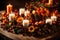 A close-up of a decorative fall-themed centerpiece with candles, pinecones, and seasonal flowers, adding a touch of elegance to