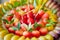 Close up deletable imitation fruits design arrange on plate background, Look Choup Thai sweets