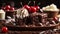 Close-up of a delicious brownie with ice cream and a cherry