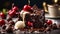 Close-up of a delicious brownie with ice cream and a cherry