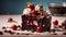 Close-up of a delicious brownie with ice cream and a cherry