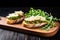 close-up of delicious bruschetta with arugula and grated pecorino