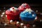 Close-up of delicious cupcakes with decorated with frosting and sprinkles in colors of american flag. 4th july treats, ai