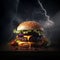 Close-up of delicious fresh tasty burger on black background with thunderstorm. Generative ai