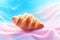 Close up of delicious mouth-watering croissant on fantastic background with fluffy pink clouds. Generative AI