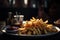 close-up of a delicious plate of hot french fries with various sauces