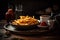 close-up of a delicious plate of hot french fries with various sauces